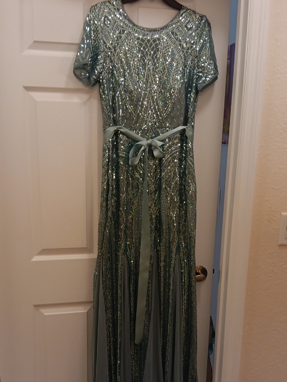 Sparkling Light Turqoise Beaded Evening Gown with Sash Size 12 - Picture 3 of 14